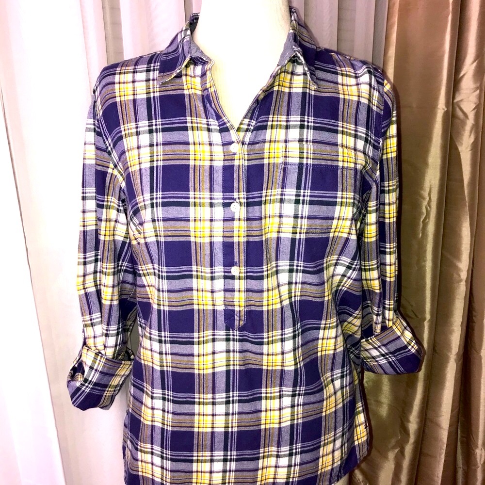 Tommy Hilfiger Y2K 2000s cotton plaid pullover blouse navy yellow Large